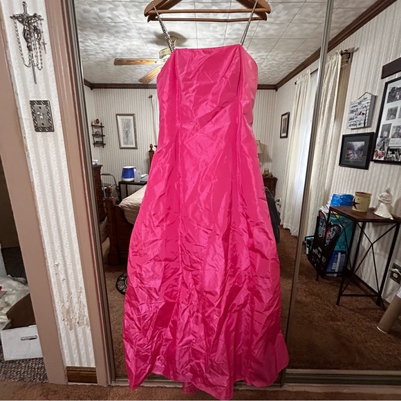 Vibrant Hot Pink Gown Rhinestone Spaghetti Straps - Picture 1 of 12